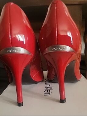 Calvin Klein Red Patent Stiletto Heels with Silver Accent